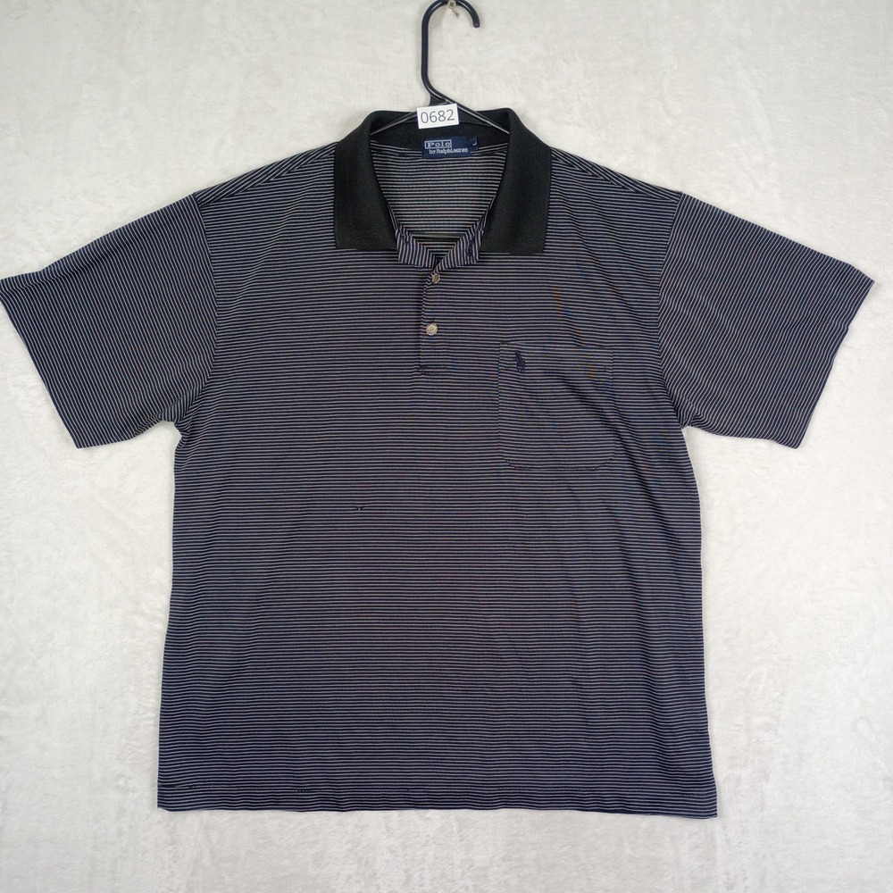 Polo Ralph Lauren Polo Shirt Mens L Navy Blue Striped Short Sleeve Pocket Preppy